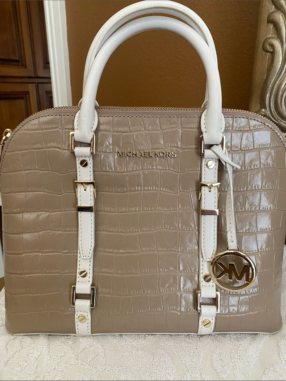 Michael Kors Taupe Croc-Embossed Satchel with White Trim and Gold Hardware